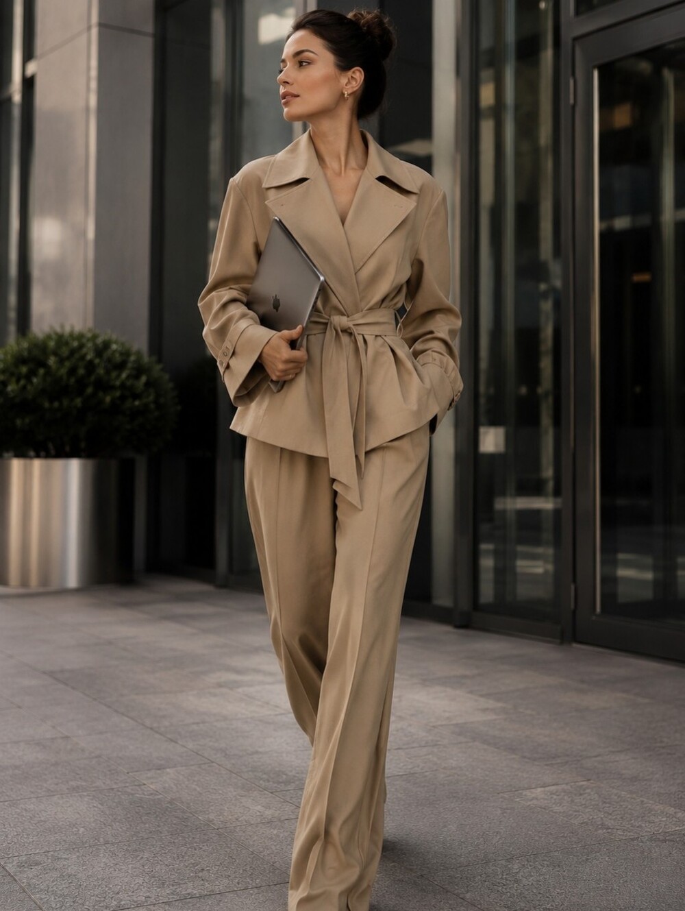 RIVIR 2 Piece Set  Taupe Belted Blazer Jacket And Dress Pants NWT M